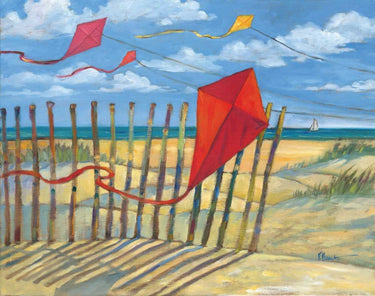 Red children's beach kite art print by Brent Paul, vibrant canvas artwork featuring playful kite scenes, from Feeling at Home.