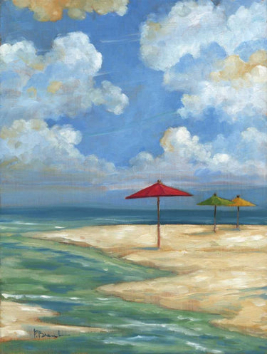 Feeling at Home coastal canvas art print titled Umbrella Beachscape I by Brent Paul, showing a vibrant beach scene with umbrellas and ocean.