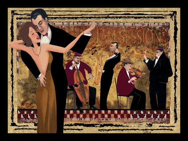 Vintage canvas art print titled "Jam Session I" by Feeling at Home, featuring a musical scene with vibrant colors and artistic details.