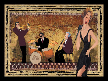 Feeling at Home Jam Session II vintage canvas art print, colorful musical scene with jazz musicians and vibrant details.