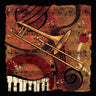 Abstract jazz music art print by Feeling at Home featuring vibrant colors and dynamic brushstrokes on canvas.