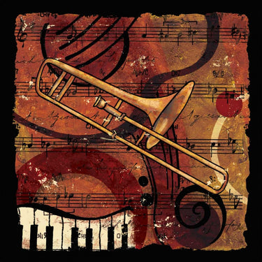 Abstract jazz music art print by Feeling at Home featuring vibrant colors and dynamic brushstrokes on canvas.