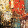 Abstract canvas art print by Guedez Carmen, featuring vibrant, textured brushstrokes in warm and cool tones on a wall display.