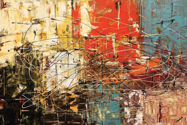 Abstract canvas art print by Guedez Carmen, featuring vibrant, textured brushstrokes in warm and cool tones on a wall display.