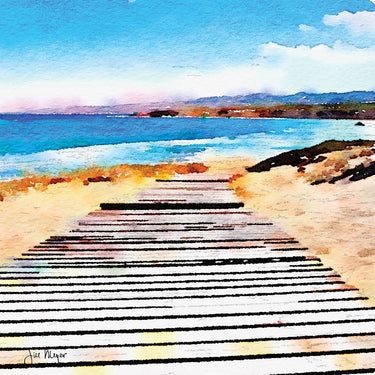 Decorative canvas art print titled Pier Review by Meyer Jill, featuring a serene coastal scene in natural tones.