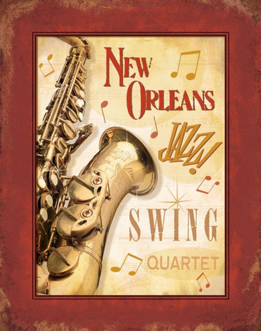 New Orleans Jazz II vintage canvas art print by Feeling at Home featuring vibrant jazz musicians and lively city scene.