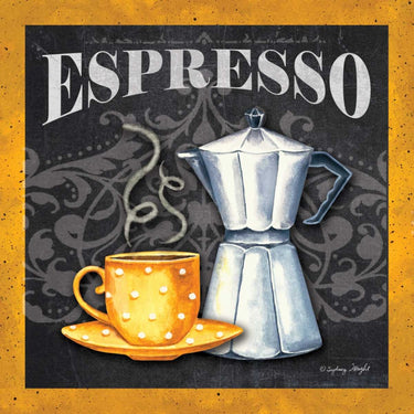 Espresso food canvas art print by Feeling at Home featuring a detailed coffee cup illustration on a textured canvas background.