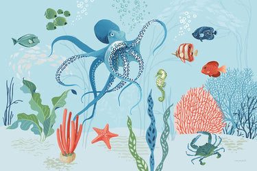 Feeling at Home coastal art print titled "Free As the Ocean I" by Audit Lisa, featuring ocean-inspired artwork on blue canvas.