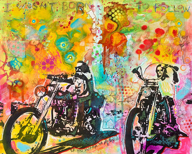 Easy Rider transportation canvas art print by Dean Russo featuring vibrant, detailed motorcycle artwork from Feeling at Home collection.