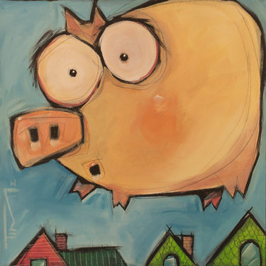 Flying pig canvas art print by Feeling at Home, featuring a whimsical pig in flight on canvas wall decor.