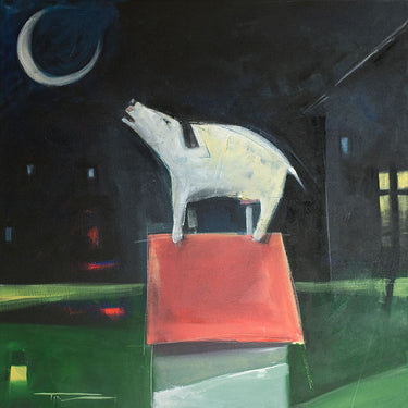 Dog on house animals canvas art print by Feeling at Home, featuring a charming illustration of a dog and house scene.