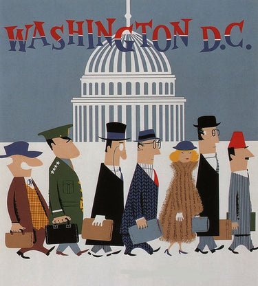 Vintage Apple Collection art print of Washington DC cityscape on canvas by Feeling at Home, featuring iconic landmarks and vibrant colors.