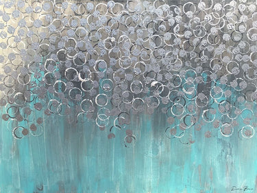 Abstract canvas art print titled "Raining on Aqua" by Brown Denise, featuring vibrant blue and aqua watercolor-style design.