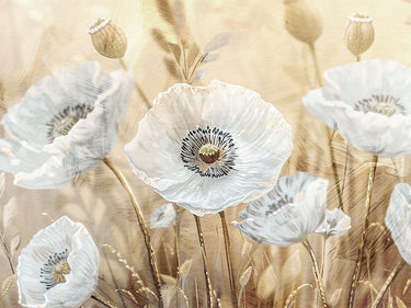 White poppies decorative canvas art print by Allen Kimberly, featuring vibrant white poppy flowers on a textured background.
