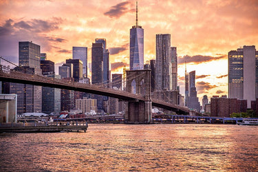Feeling at Home Brooklyn Bridge golden decorative canvas art print by West Tim, featuring a scenic cityscape in warm tones.