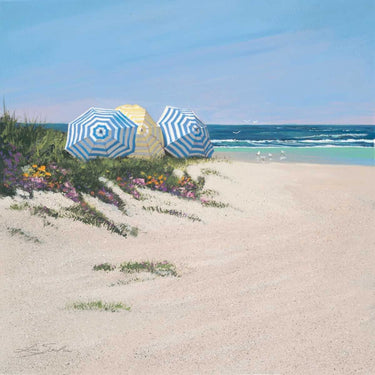 Feeling at Home coastal canvas art print featuring a relaxing day at the beach scene by Seslar Lin.