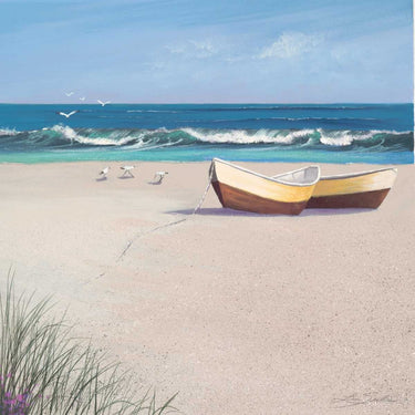Feeling at Home Low Tide Coastal canvas art print featuring a serene beach scene with gentle waves and soft pastel colors.