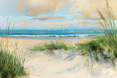 Coastal canvas art print titled "Catching The Wind" by Swatland Sally, featuring a serene seaside scene with gentle waves and wind-blown elements.