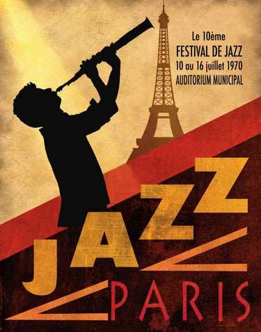 Jazz in Paris figurative canvas art print by Knutsen Conrad, featuring vibrant cityscape and musical elements in a colorful scene.