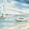 Coastal canvas art print featuring subtle sailboat design by Robinson Carol, framed in a natural style for Feeling at Home.