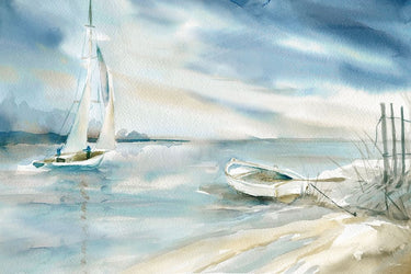 Coastal canvas art print featuring subtle sailboat design by Robinson Carol, framed in a natural style for Feeling at Home.