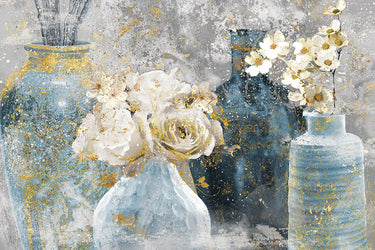 Feeling at Home floral art print featuring vessels and blooms in blue on canvas, designed by Nan.