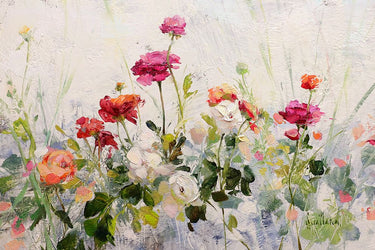 Feeling at Home Persian Buttercups floral canvas art print by Swatland Katie featuring vibrant buttercup flowers on textured canvas.
