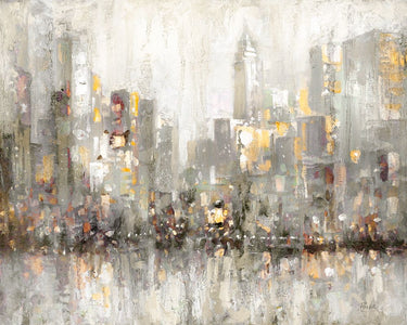 Cityscape abstract canvas art print by Manning Ruane, featuring vibrant urban skyline in modern, colorful design.