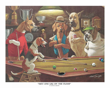 Feeling at Home "Hey! One Leg on the Floor Animals" canvas art print by Sarnoff Arthur depicting playful animal illustrations.