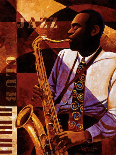 Jazz Club figurative canvas art print by Mallett Keith, featuring a vibrant scene of musicians and jazz performers.