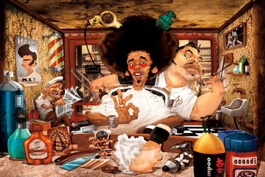 Feeling at Home Barbers Shop figurative canvas art print by Perez Adam, featuring vibrant, detailed barber shop scene artwork.