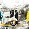 Abstract canvas art print of mopeds by Sola Bresso, featuring vibrant colors and dynamic design, perfect for home decor.