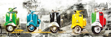 Abstract canvas art print of mopeds by Sola Bresso, featuring vibrant colors and artistic design, from Feeling at Home collection.