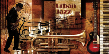 Urban Jazz figurative canvas art print by Robert Paul, featuring vibrant colors and dynamic human figures for modern home decor.