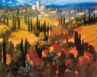 European canvas art print of Tuscan castle by Craig Philip, featuring scenic landscape and warm colors, brand Feeling at Home.