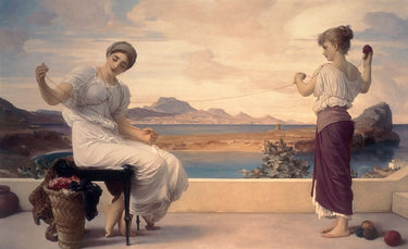 Traditional canvas art print titled "Winding the Skein" by Leighton Lord Frederic, featuring detailed, classic artwork in warm tones.