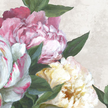 Feeling at home Blooming Peony Harmony decorative art print by Black Alex, featuring vibrant peony flowers on canvas.