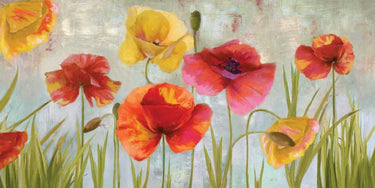 Happiness floral canvas art print by Fontaine Drako featuring vibrant, colorful flower illustrations on a textured canvas surface.
