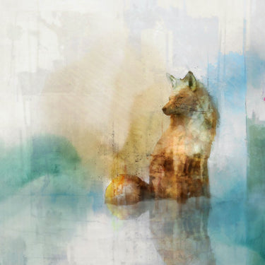 Fox on teal canvas art print by Feeling at Home featuring a detailed fox illustration on a vibrant teal background.