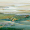 Feeling at Home green sunset pasture landscape art print by Lera, featuring vibrant natural scenery on canvas.
