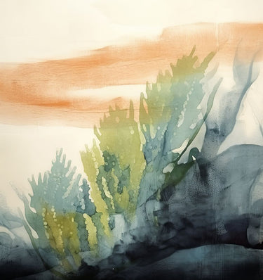 Abstract coastal bloomscape art print by Orlov Irena, featuring vibrant ocean-inspired colors on canvas.