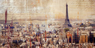 City of Light travel canvas art print by Feeling at Home featuring a vibrant cityscape scene with illuminated buildings and a night sky.