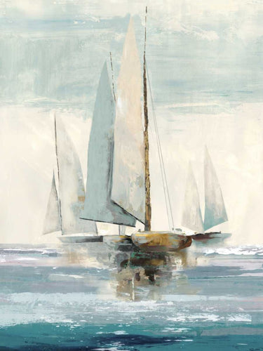 Coastal canvas art print by Pearce Allison featuring quiet boats scene, vibrant colors, and serene seaside landscape from Feeling at Home.