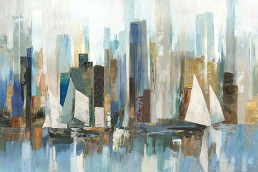 Coastal canvas art print by Feeling at Home featuring boats by the shoreline, designed by Pearce Allison.