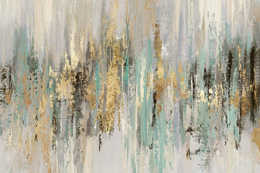 Abstract canvas art print titled Dripping Gold I by Reeves Tom, featuring gold drips on a modern background, by Feeling at Home.
