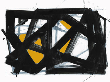 Black and gold abstract canvas art print by Feeling at Home, featuring modern geometric design with bold gold accents.