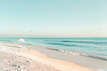 Feeling at home Sunlit Shoreline II coastal canvas art print by Lazar Studio showing a serene beach scene with soft sunlight and shoreline details.