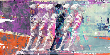 Astronauts and stars space canvas art print by Feeling at Home, featuring cosmic scene with astronauts in a vibrant galaxy.