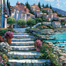 Coastal canvas art print of steps by St. Tropez, created by Behrens Howard for Feeling at Home, featuring vibrant seaside scenery.