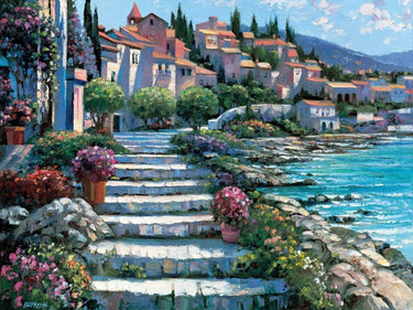Coastal canvas art print of steps by St. Tropez, created by Behrens Howard for Feeling at Home, featuring vibrant seaside scenery.
